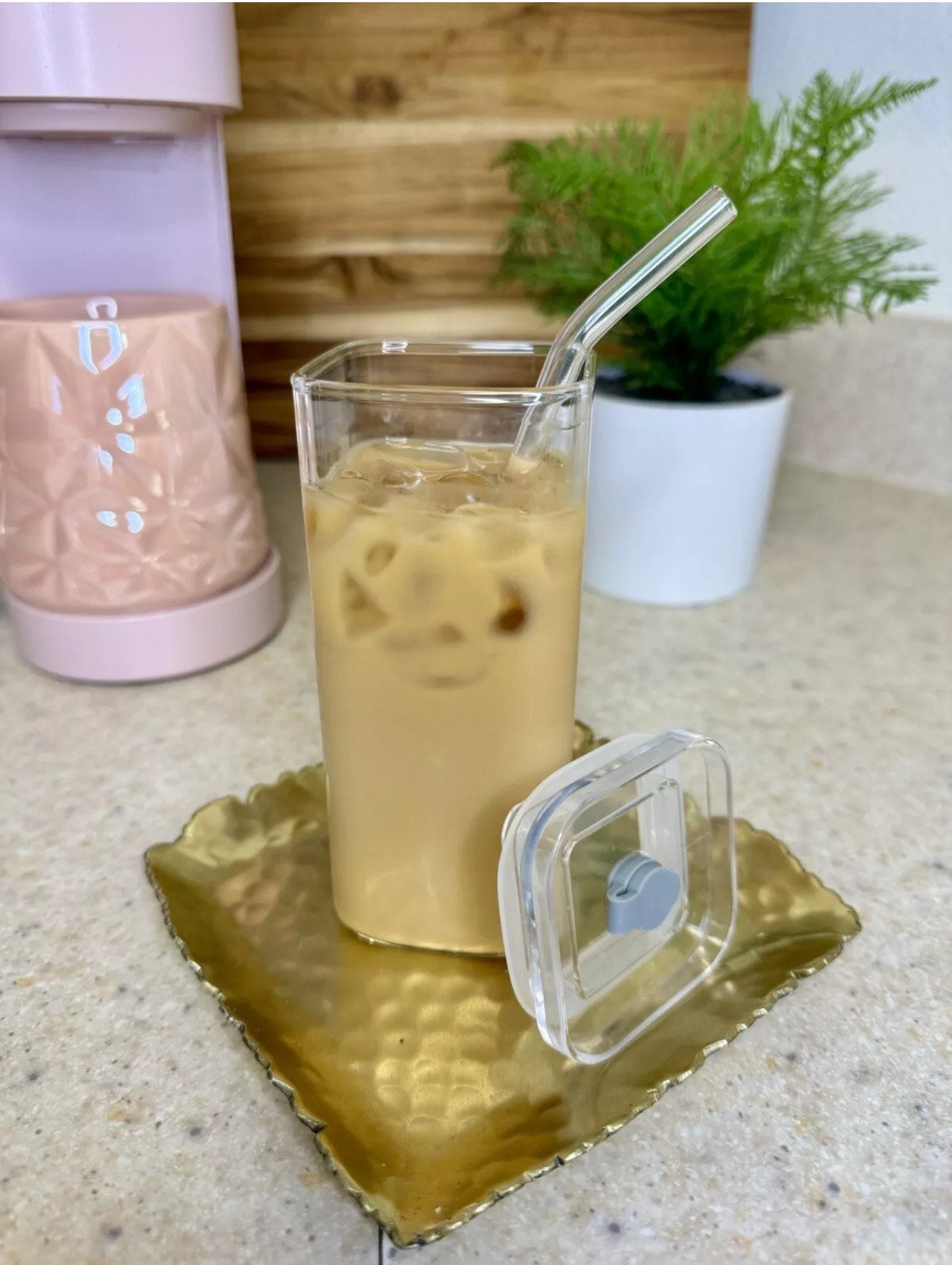 Glass Cup with Straw and Lid