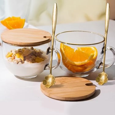 Gold Rimmed Glass Mug with Spoon